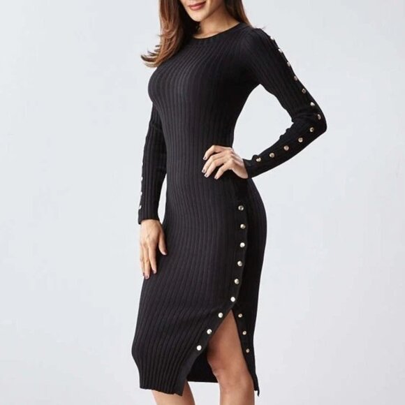 naked wardrobe Dresses & Skirts - Naked Wardrobe // Black Long Sleeve Ribbed Knit Button Up Midi Dress M
